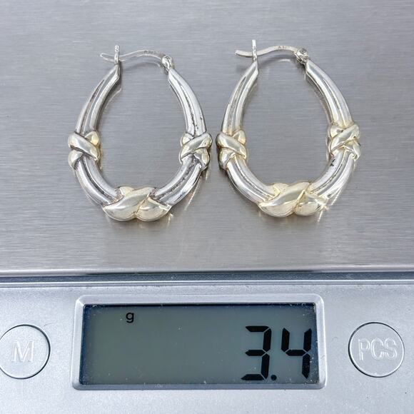 Estate Sterling Silver 925 Creole Gold-Tone Knot Hoop Earrings - Picture 7 of 7